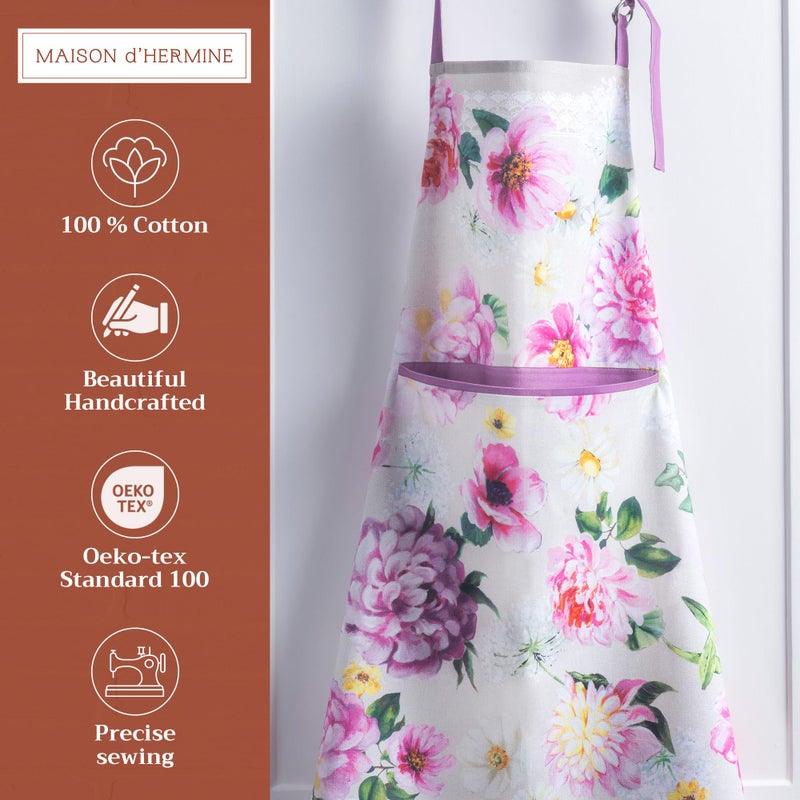 Maison d' Hermine Apron for women with Pocket 100% Cotton 27.50"x31.50" 1 Piece Adjustable Neck Strap & long ties Apron Men, Chef, Wedding, Cooking, Gardening, Server Spring/Summer (Pivoine) - Image 2